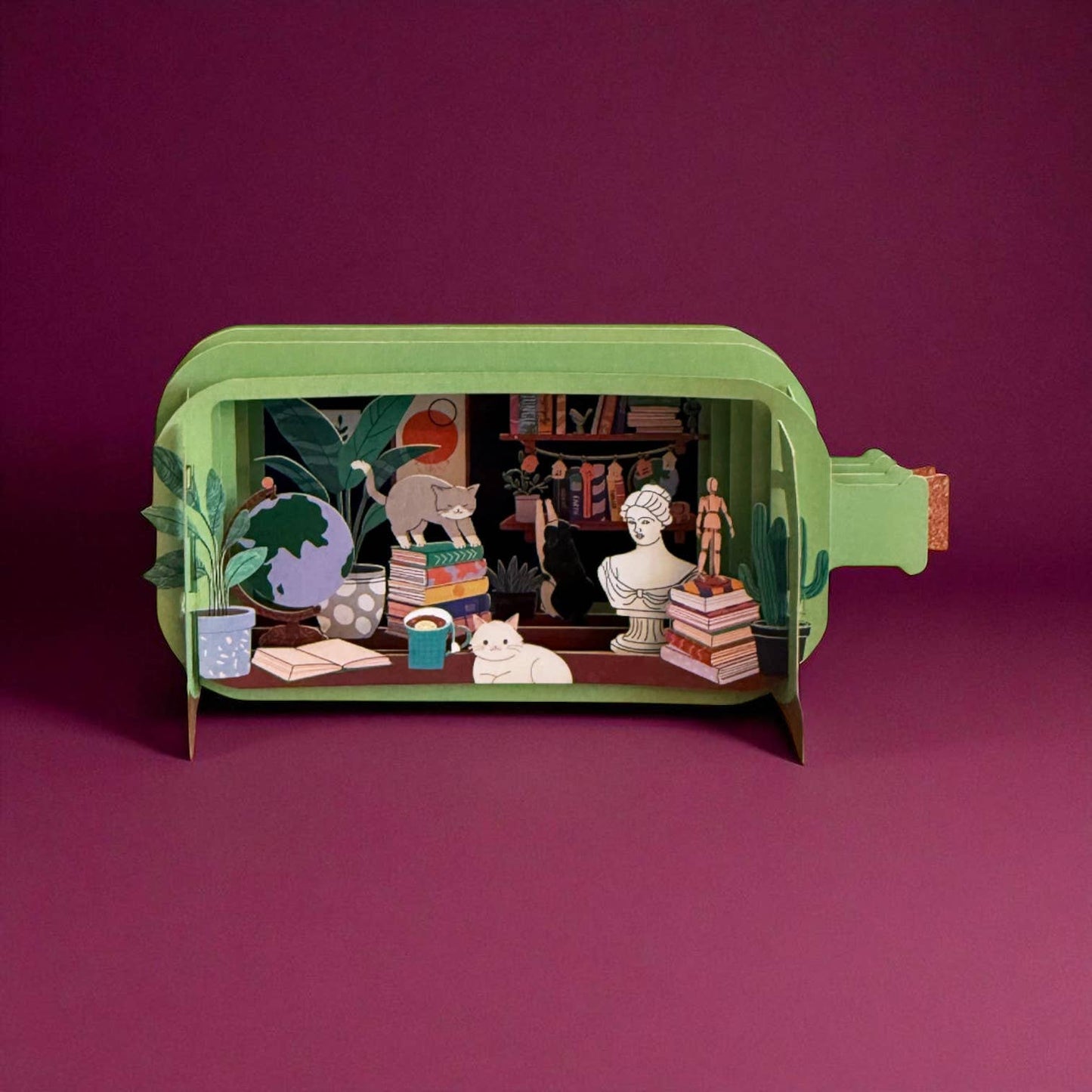 Cats in the library Message in a Bottle pop-up card