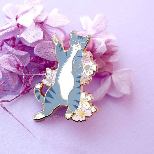 Silver Tabby Cat in Cherry Blossom Enamel Pin