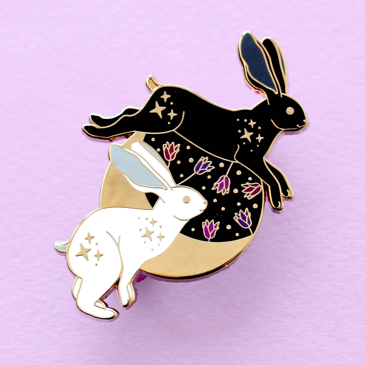 Black and White Hares and Moon Enamel Pin