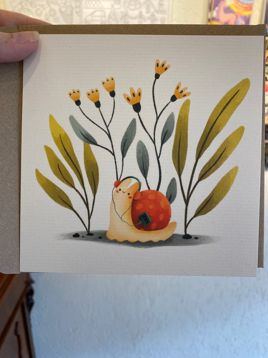 Snail with headphones greeting card with envelope by Monia Designs