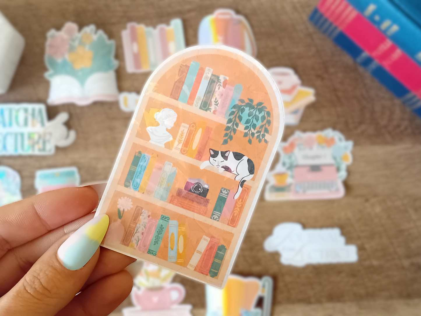 Waterproof Holographic Sticker - Library with a Cat
