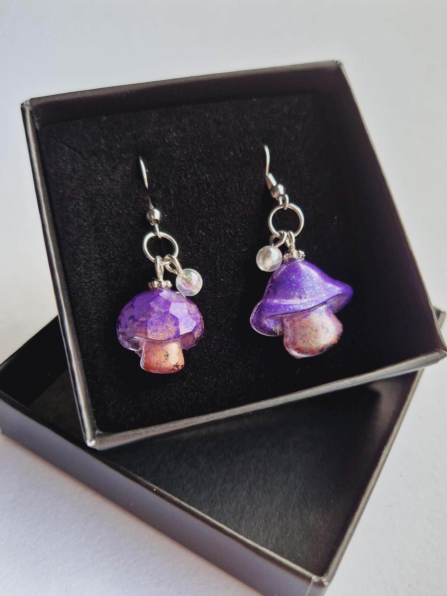 Purple Mushroom Earrings "Funky Fungi"with silver colored wires