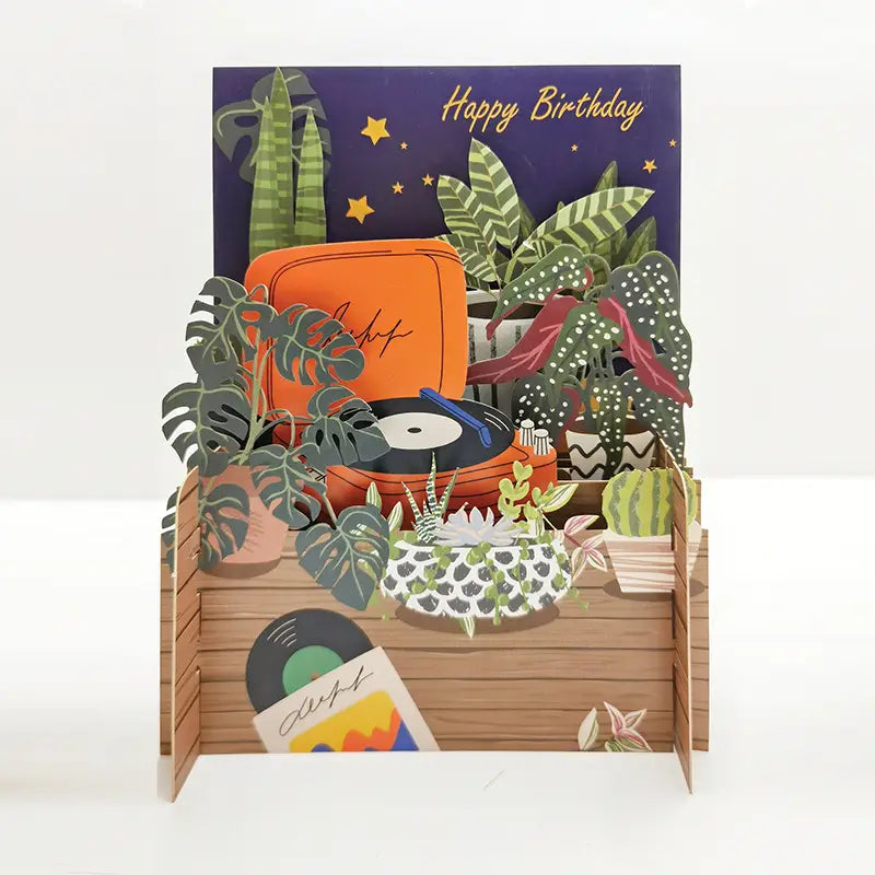 3D Birthday Card with record player and plants