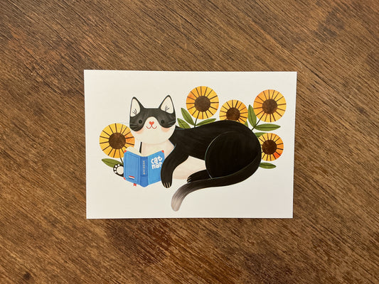 Cat Reading Postcard by Monia Designs