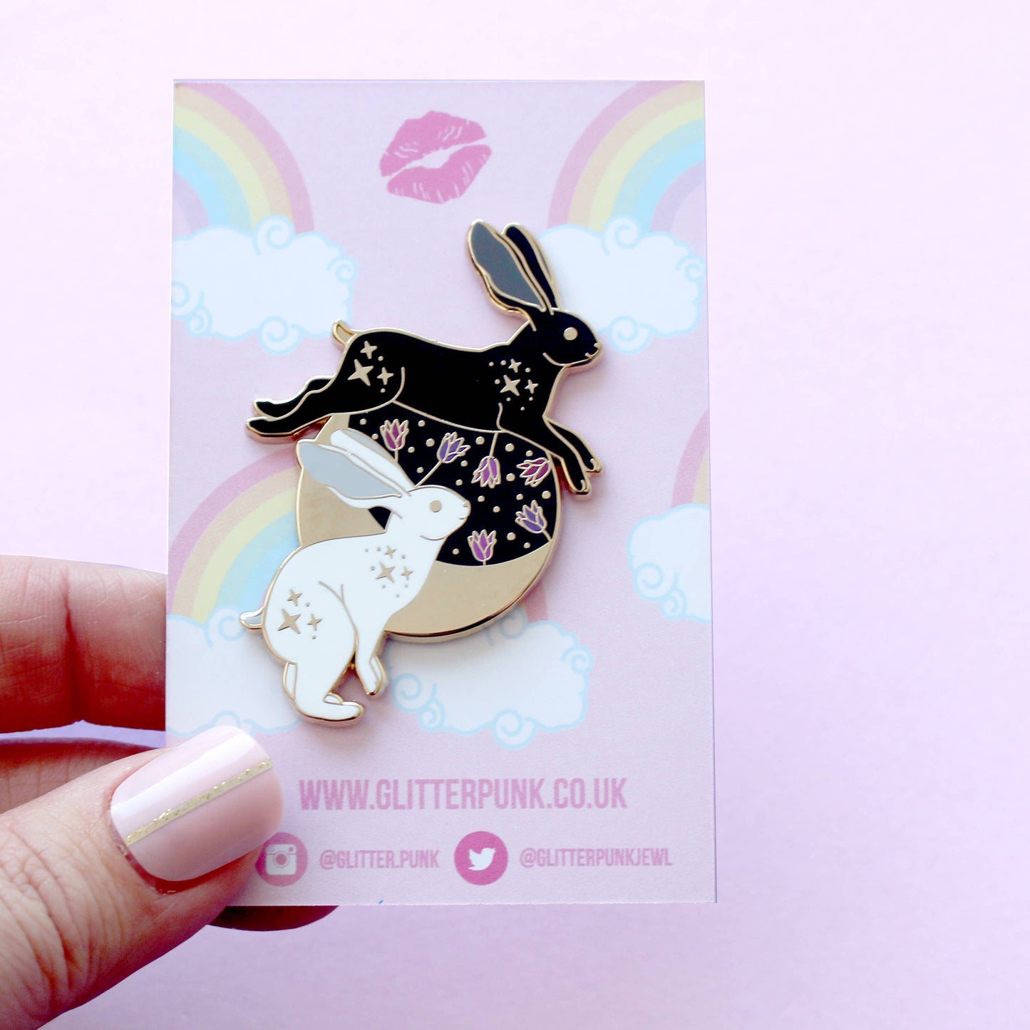 Black and White Hares and Moon Enamel Pin