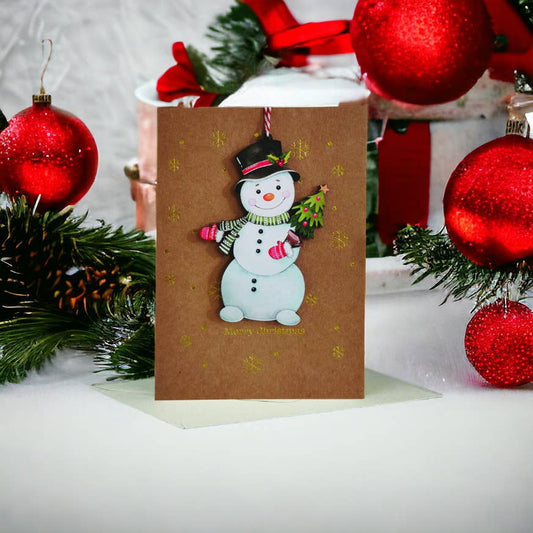 Christmas-wooden Snowman ornament card