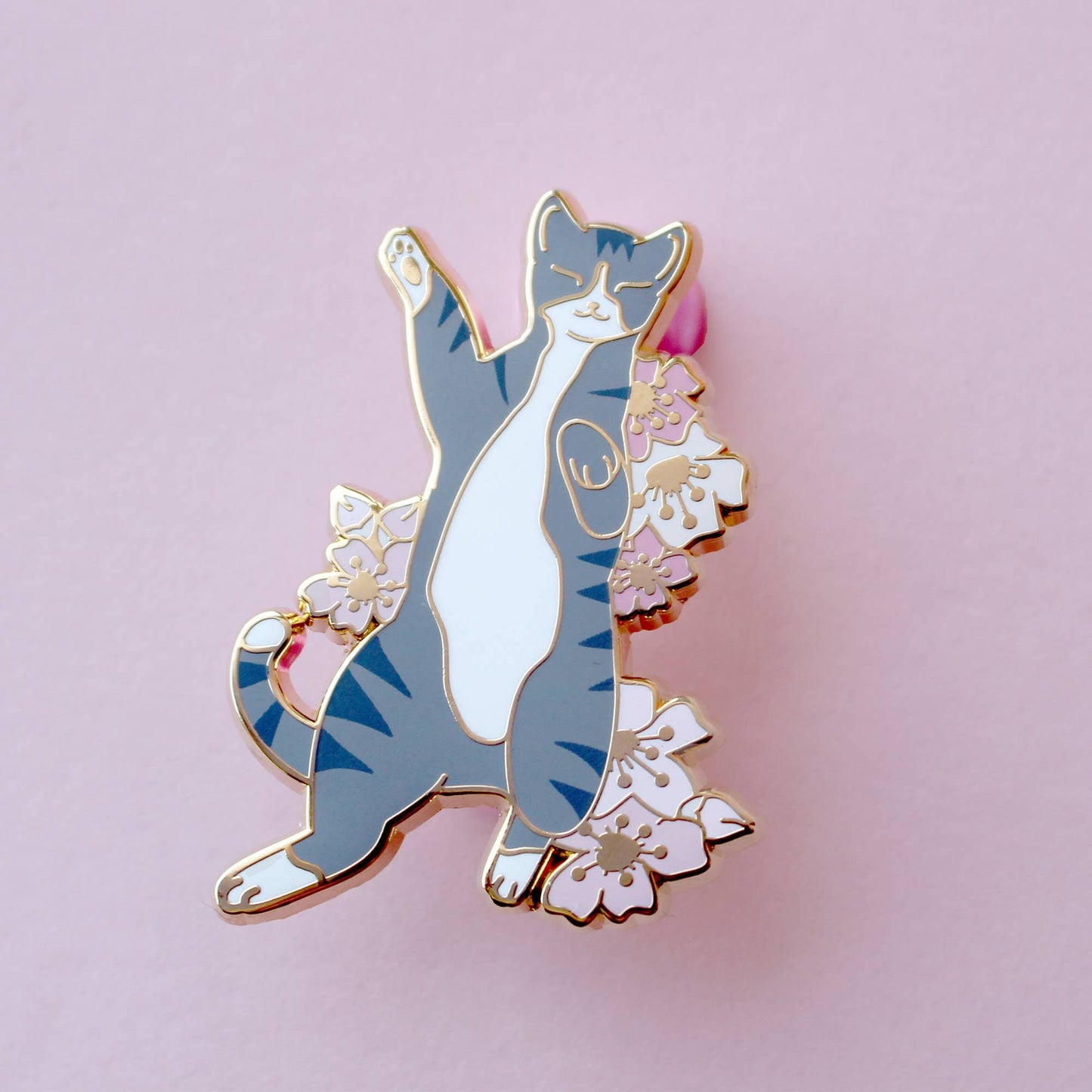 Silver Tabby Cat in Cherry Blossom Enamel Pin