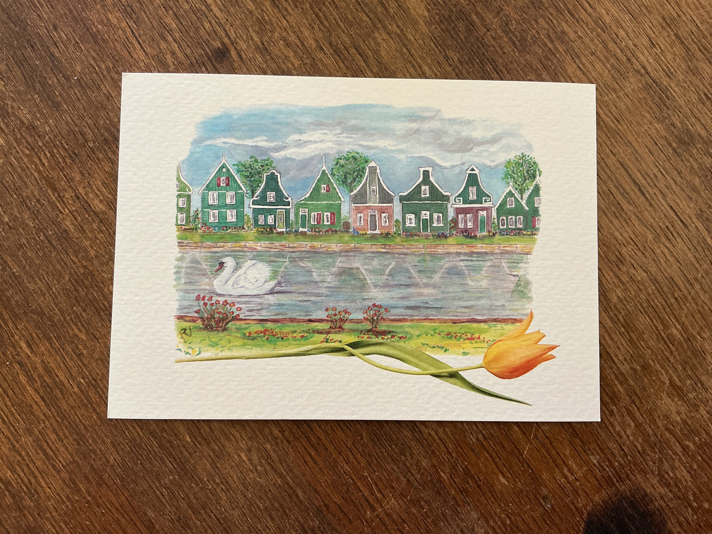 Dutch houses and swan postcard