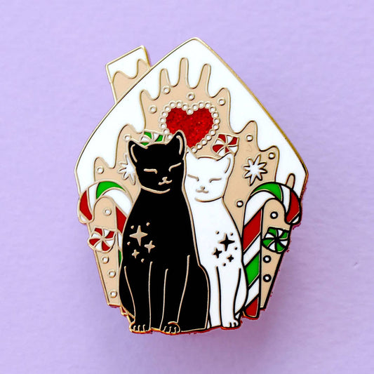 Gingerbread House Cats Enamel Pin; Christmas festive Black a