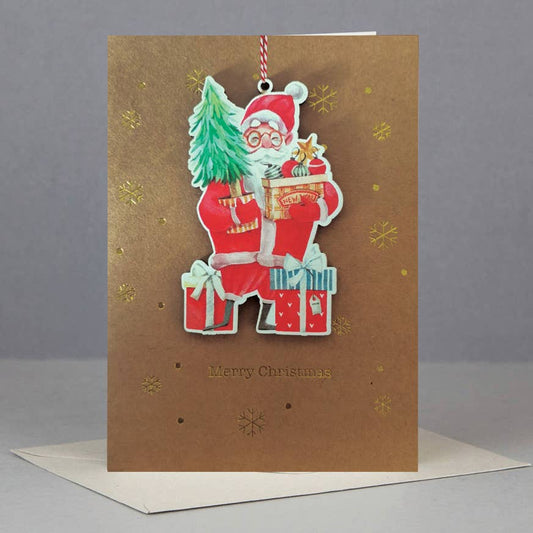 Wooden Santa Claus Ornament Card