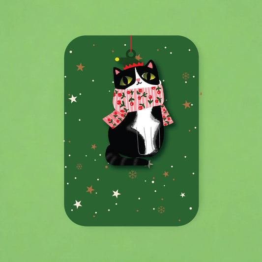 Wooden ornament card - Festive Winter Cat
