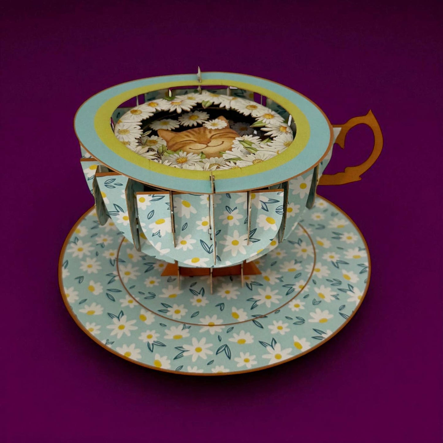 A cup of tea pop up card - cats in daisy