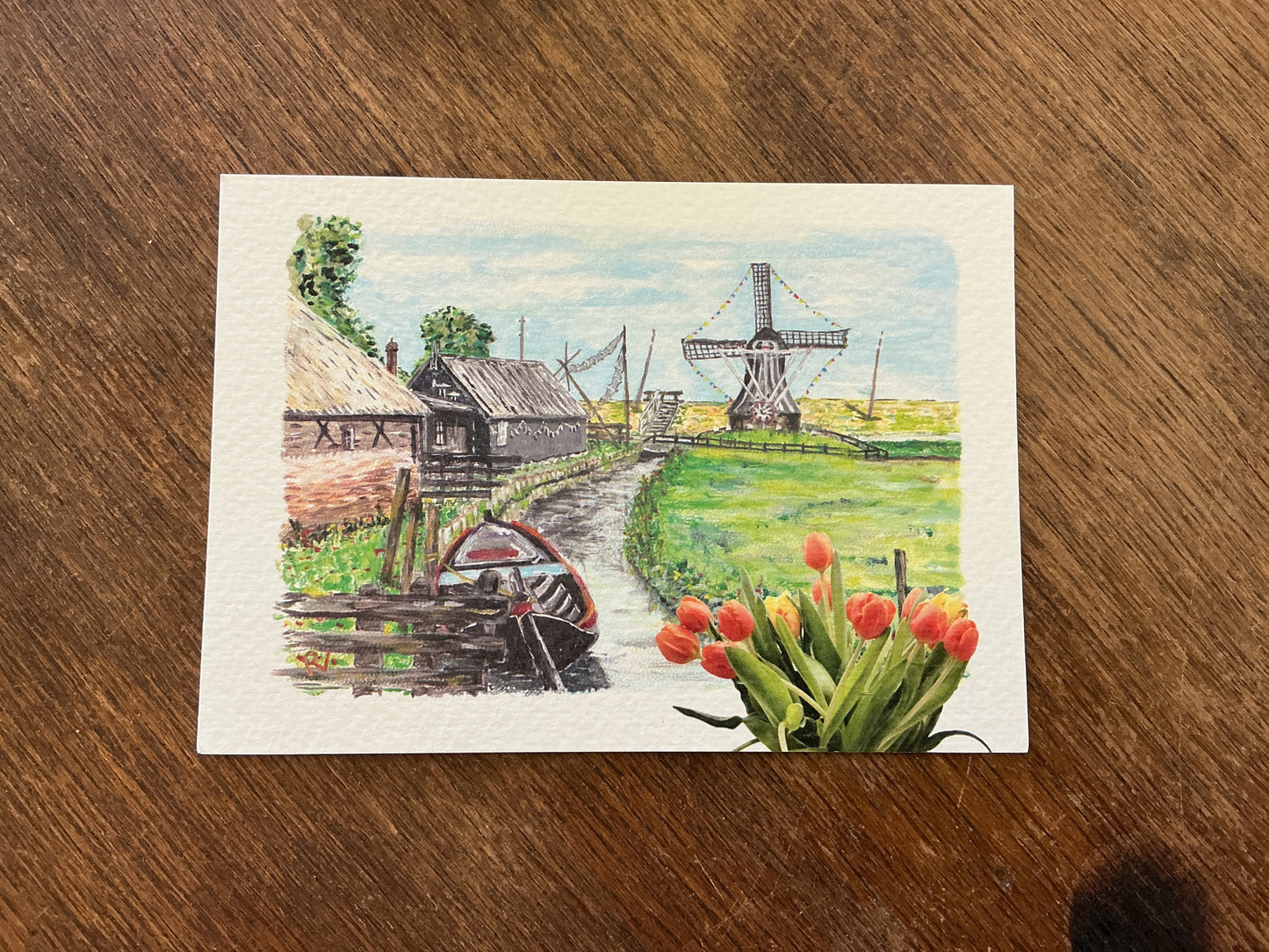 Windmill, boat and tulip postcard
