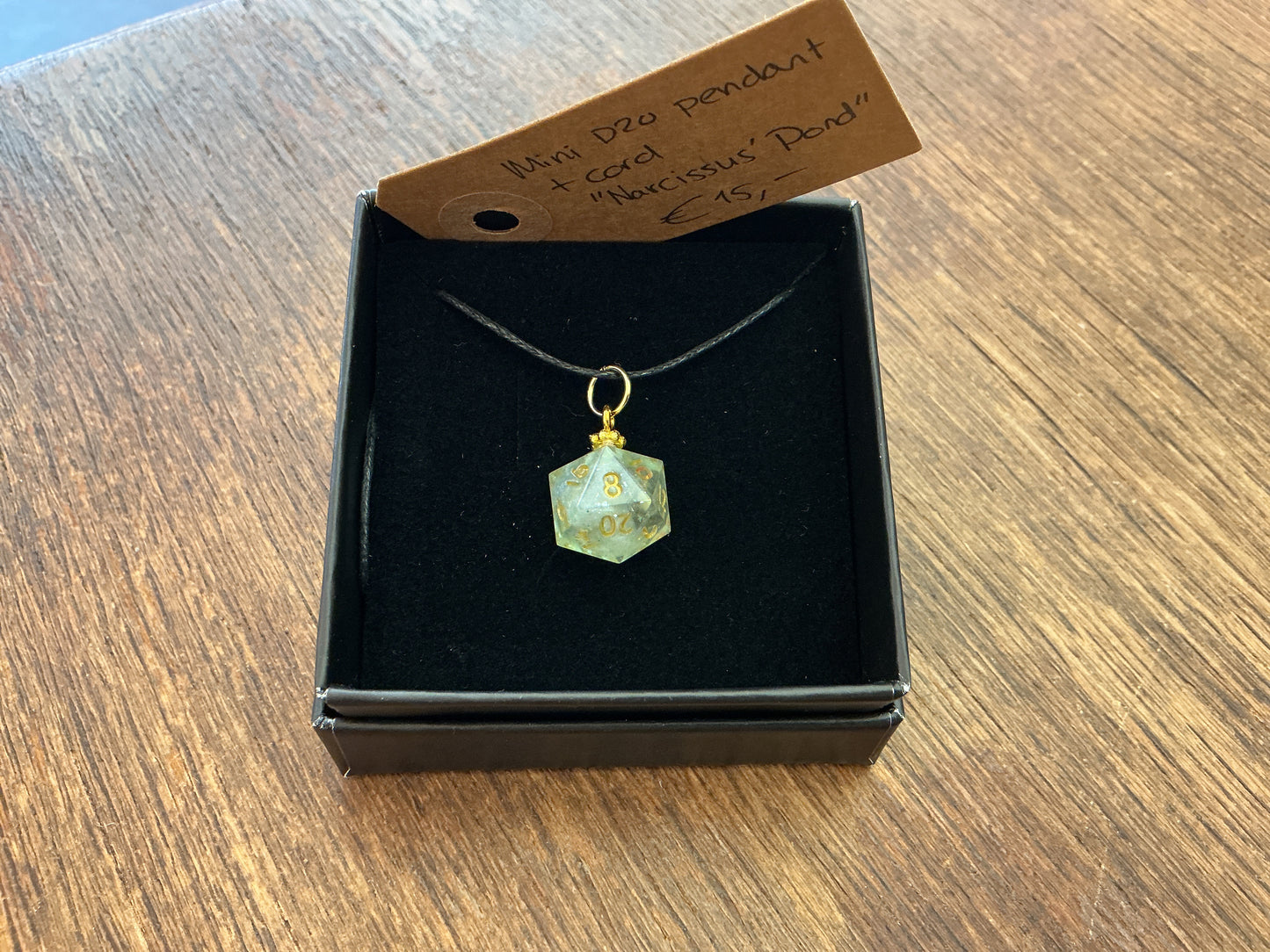 Mini D20 Pendant and Cord "Narcissus' Pond"