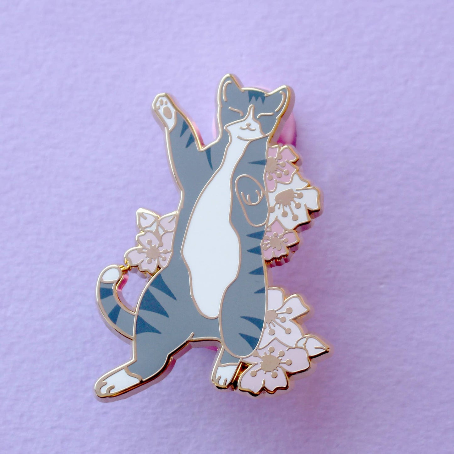 Silver Tabby Cat in Cherry Blossom Enamel Pin