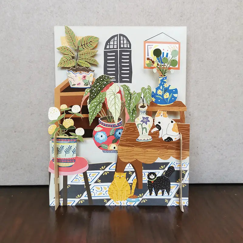 3D Pop-up card featuring cats and plants