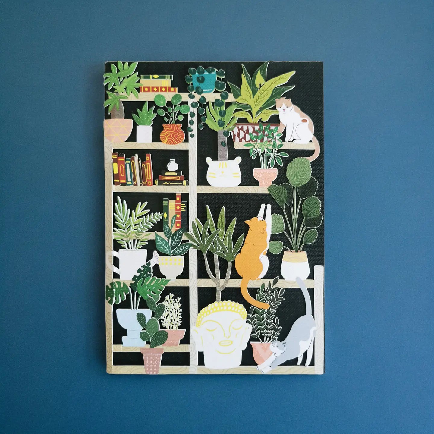 Paper cut card featuring Cats, Plants and Books