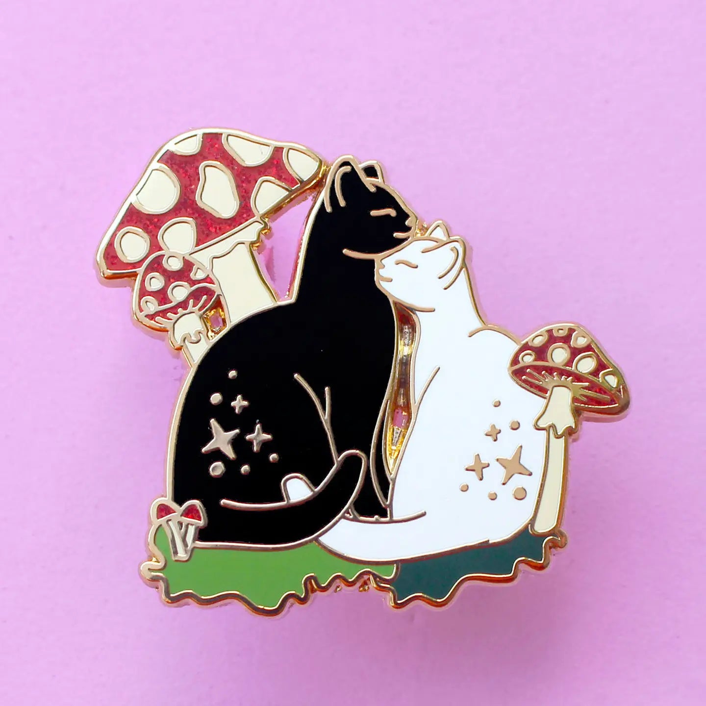 Cuddling Cats with Mushrooms Enamel Pin