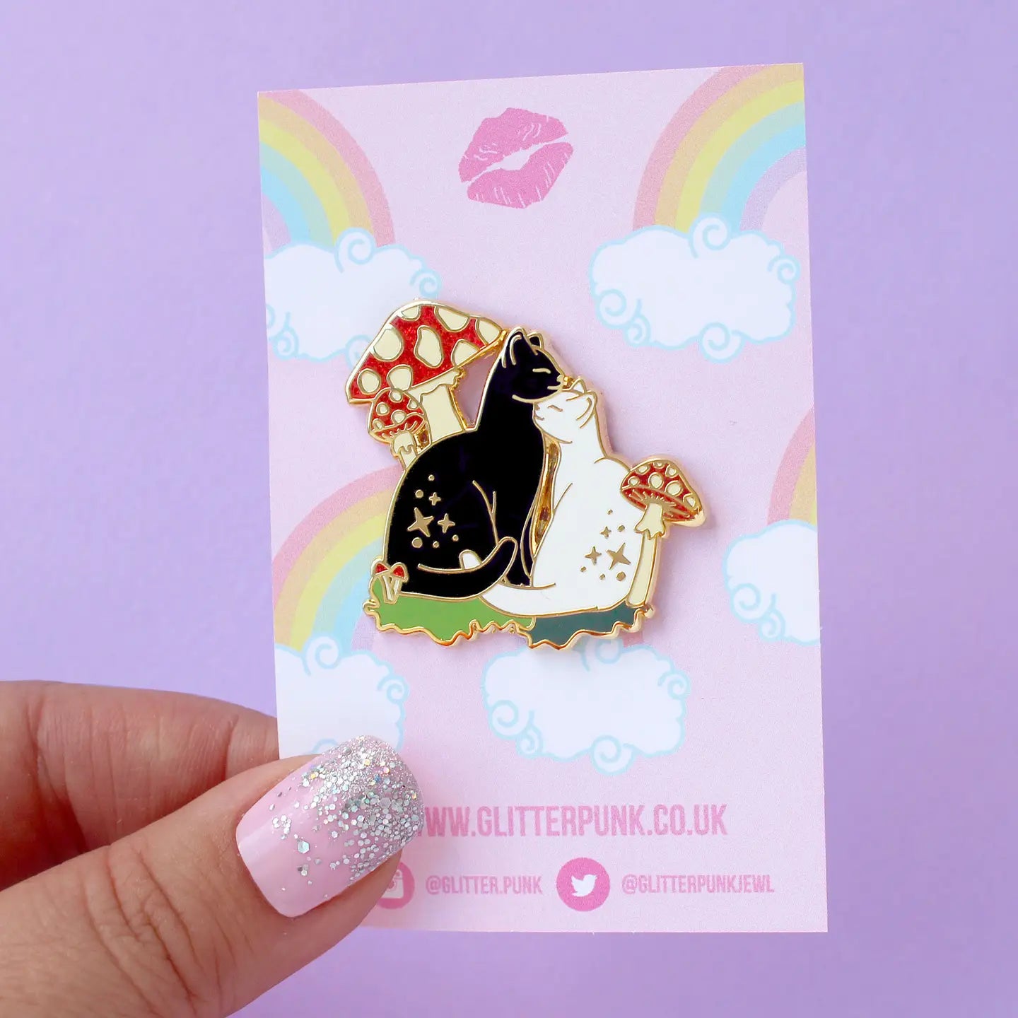 Cuddling Cats with Mushrooms Enamel Pin