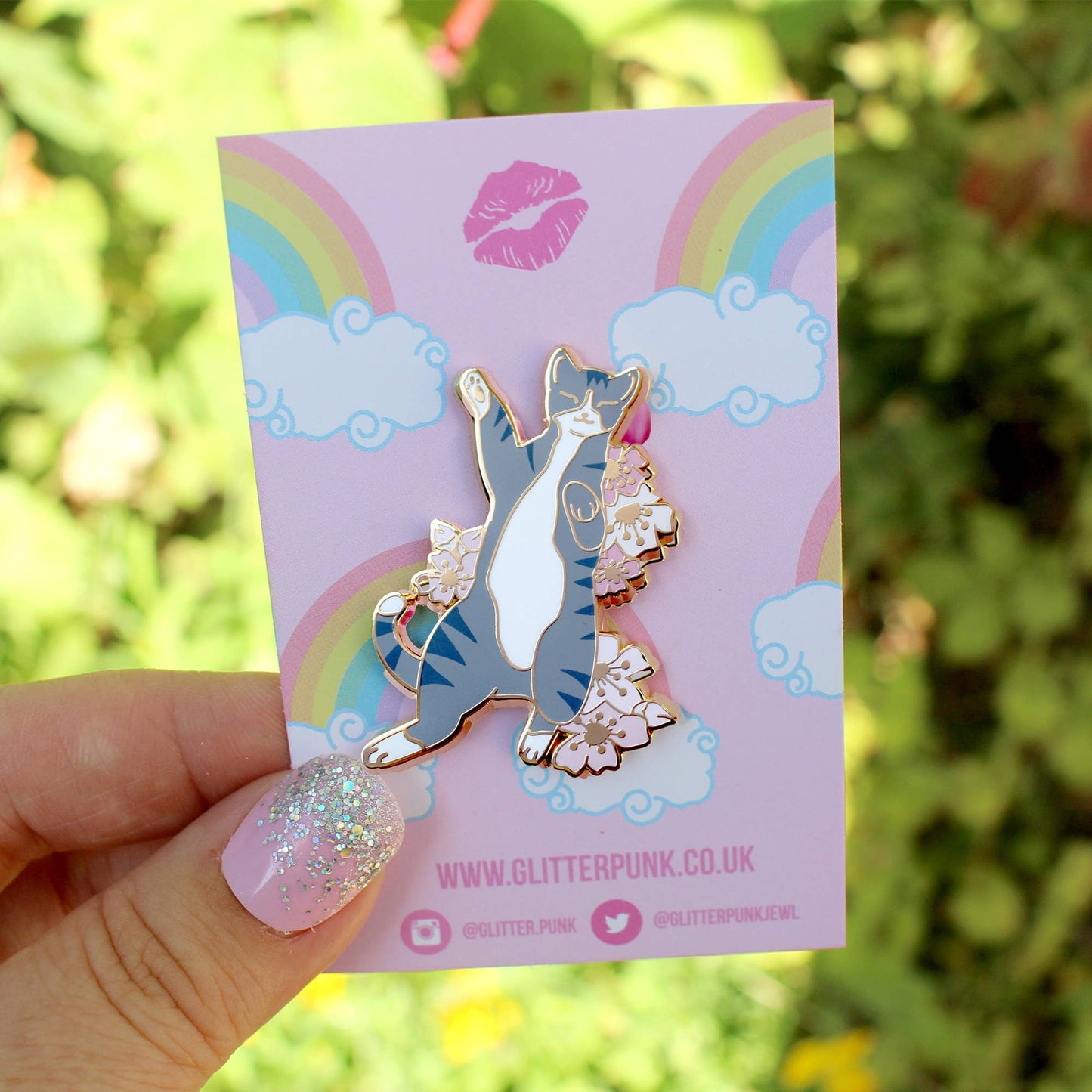 Silver Tabby Cat in Cherry Blossom Enamel Pin