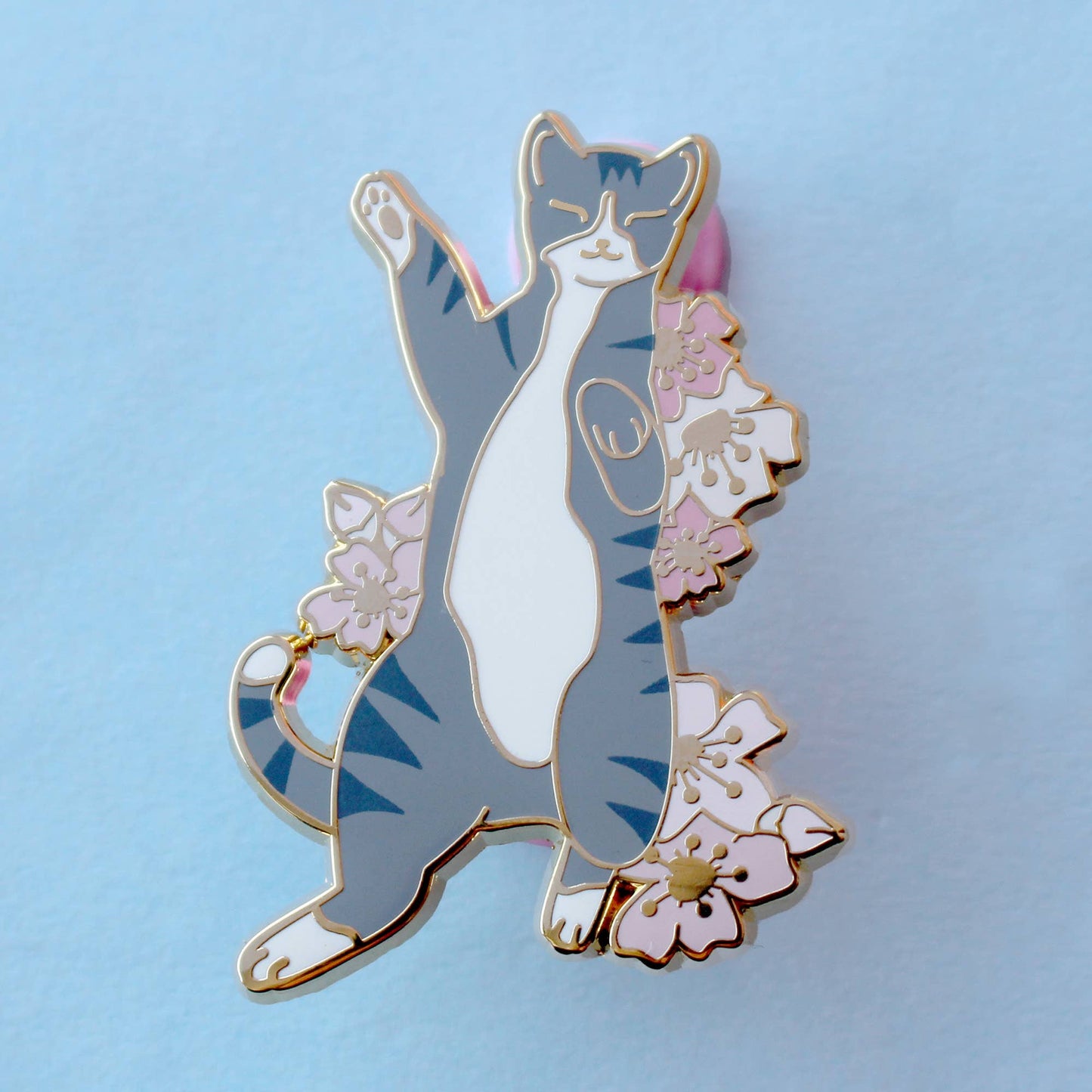 Silver Tabby Cat in Cherry Blossom Enamel Pin