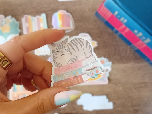 Waterproof Holographic Sticker Cat on Stack of Books